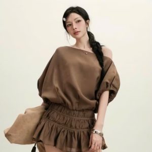 Set đầm Jum lệch vai đính cúc ngọc sang trọng quyến rũ